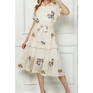 Anthropologie Embroidered Tiered Midi Dress Flowy Floral Ruffle size M